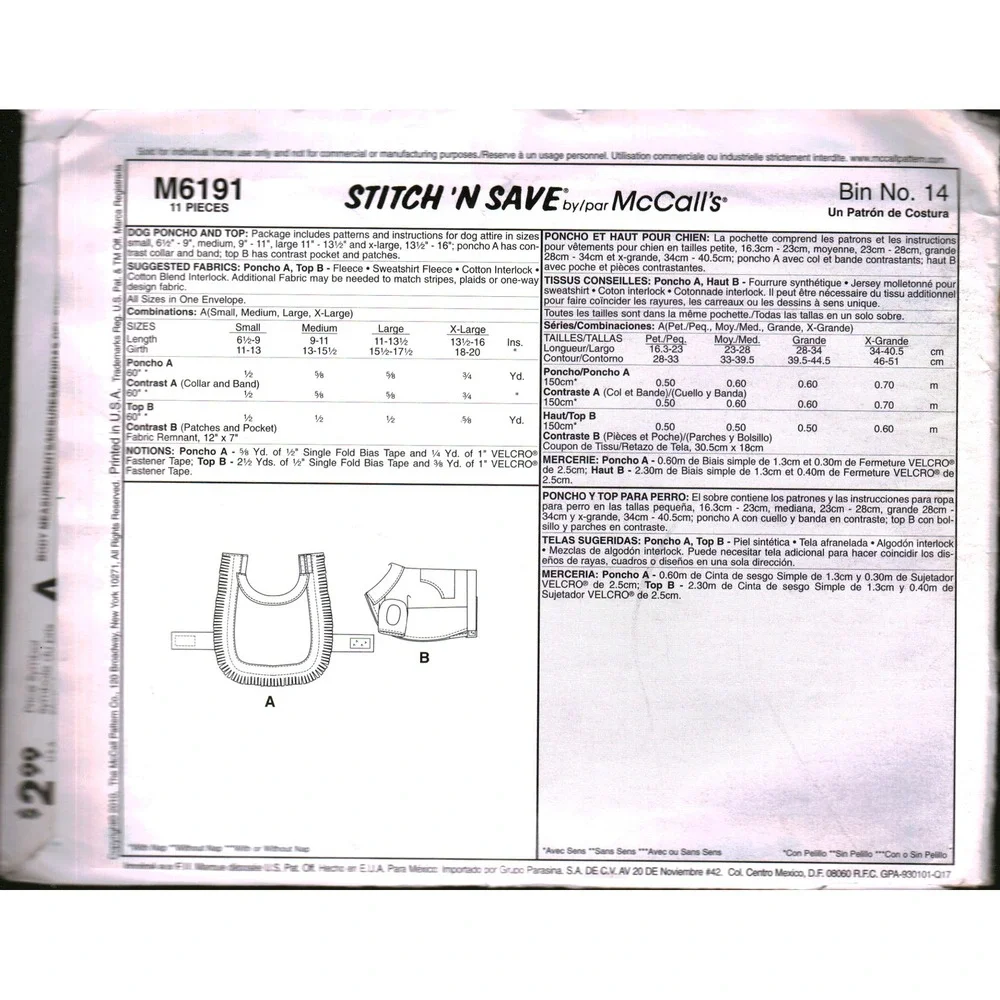 McCall's M6191 Easy‎ Stitch n Save Dog Poncho and Top Sewing Pattern All Sizes
